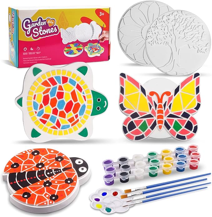 Paint Your Own Stepping Stones for Kids Craft Kits,Arts and Crafts for Kids Ages 4-8,5 Pack Painting Crafts for Girls Ages 8-12，Outdoor Toys Art Supplies Toddler Birthday Easter Gift (Multicolored)