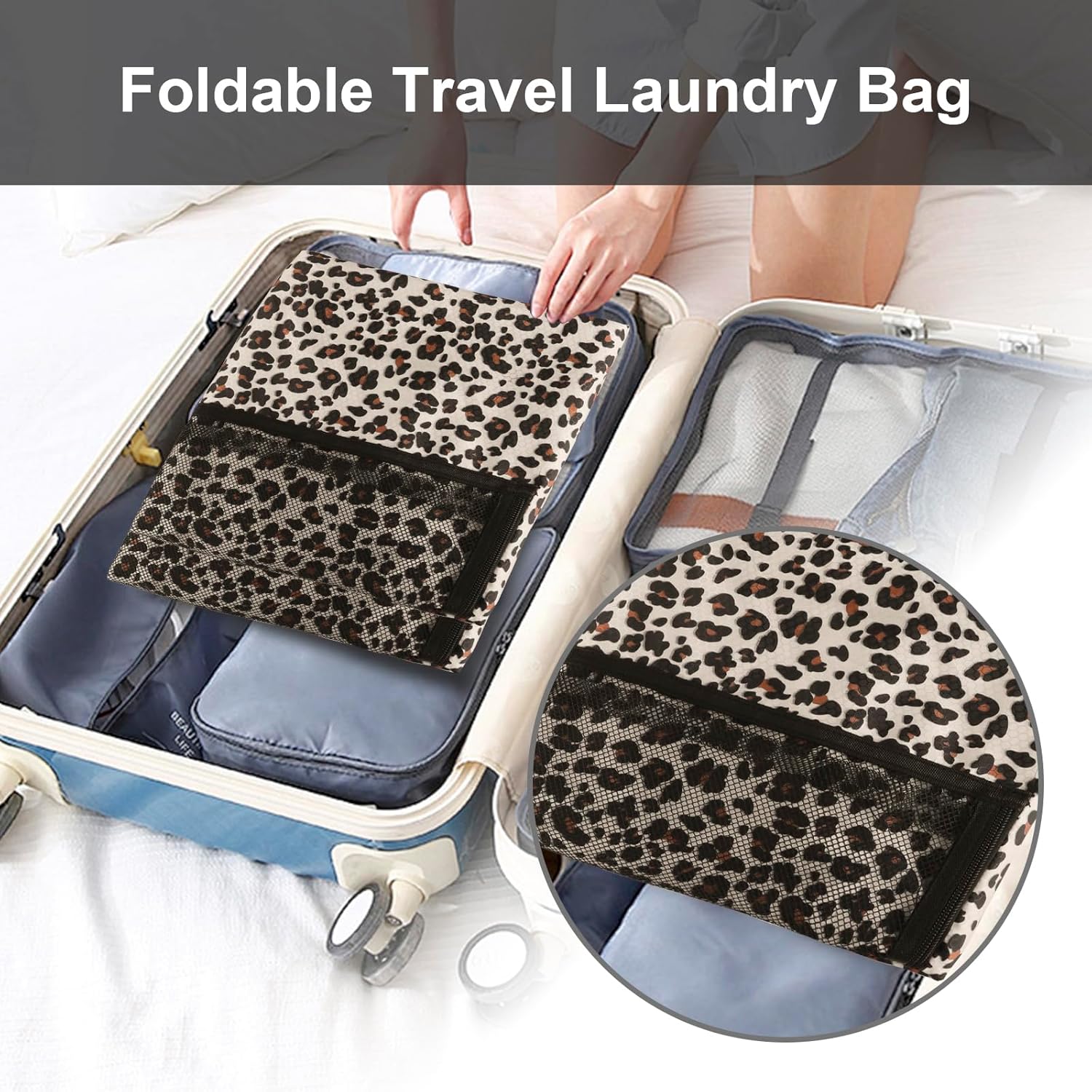 Laundry Bag Backpack Durable Laundry Bag with Shoulder Straps and Mesh Pockets Portable Laundry Dirty Clothes Hamper Bag for College Dorm (Leopard Print) - NestledHome