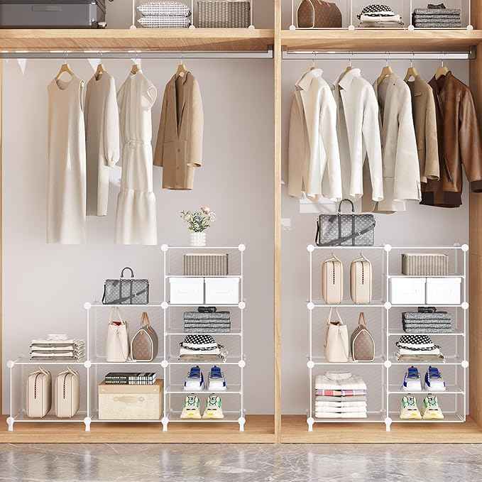 AWTATOS Closet Organizer 8 Cube Storage Shelves Clothes Organizers Closet Storage Stackable Cubby Shelving for Closet Bedroom Living Room Office, Transparent Twill