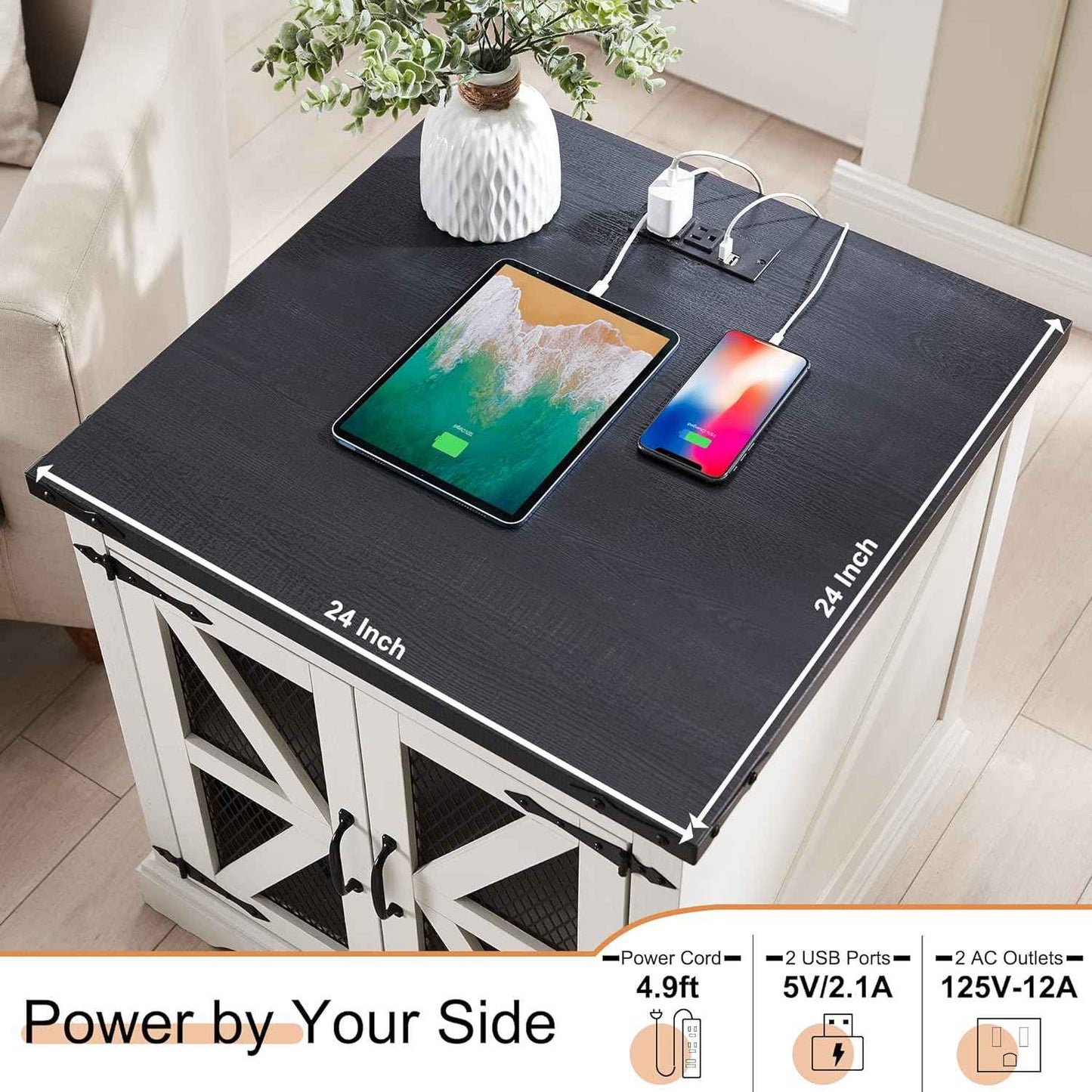 JXQTLINGMU Farmhouse End Table, 24" Large Sofa Side Table with Charging Station, Mesh Barn Door, and Adjustable Storage Shelf, Rustic Wood Square Nightstand for Living Room, Bedroom, Office, White (사본)