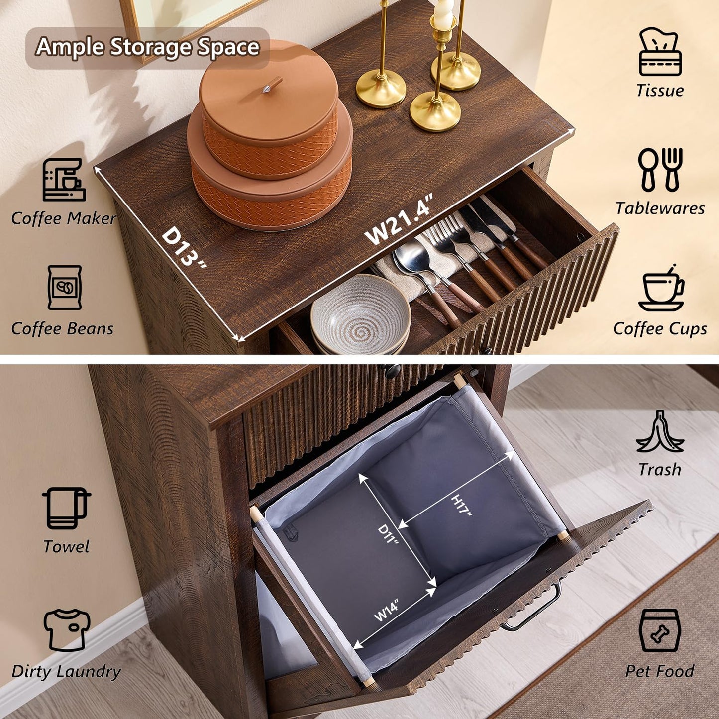 Modern Tilt-Out Trash Can Cabinet, 10 Gallon Fluted Laundry Hamper Cabinet with Drawers, Wooden Hidden Garbage Can Cabinets with Storage Basket, Free Standing for Kitchen and Living Room,Brown - NestledHome