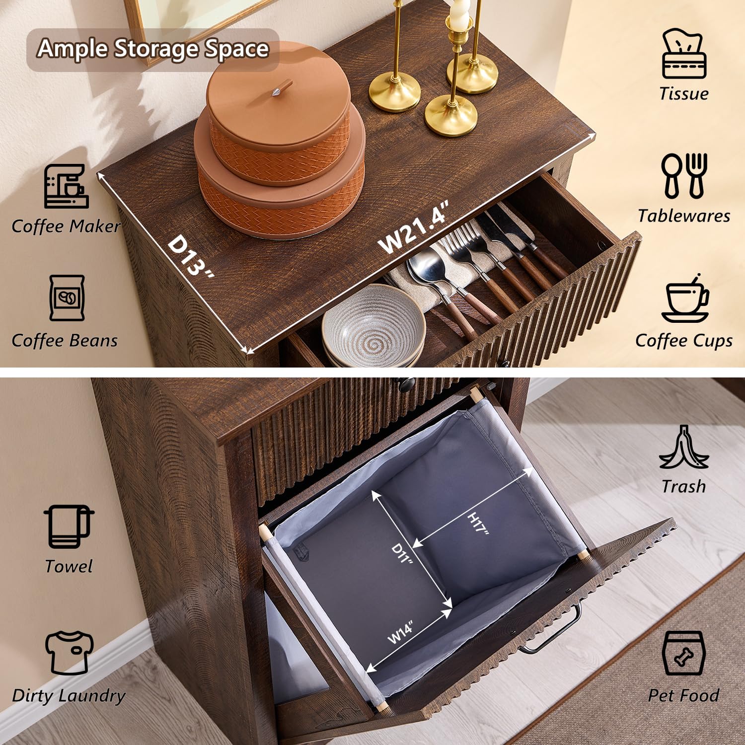 Modern Tilt-Out Trash Can Cabinet, 10 Gallon Fluted Laundry Hamper Cabinet with Drawers, Wooden Hidden Garbage Can Cabinets with Storage Basket, Free Standing for Kitchen and Living Room,Brown - NestledHome