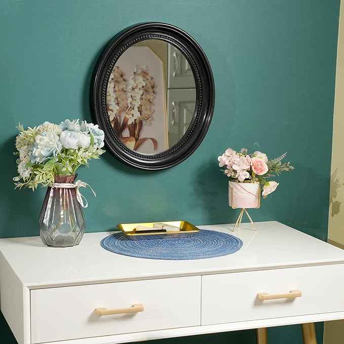 Funerom Oval Bathroom Mirror Bedroom Mirror wall Mirror (Black, 15.2" L x 13.2" W)