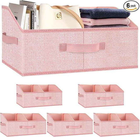Closet Storage Bins 6 Pack, Large Closet Organizer Baskets with Divider & Handles,Trapezoid Fabric Shelf Organizers, Collapsible Storage Cubes for Clothes, Towels, Toys - Pink