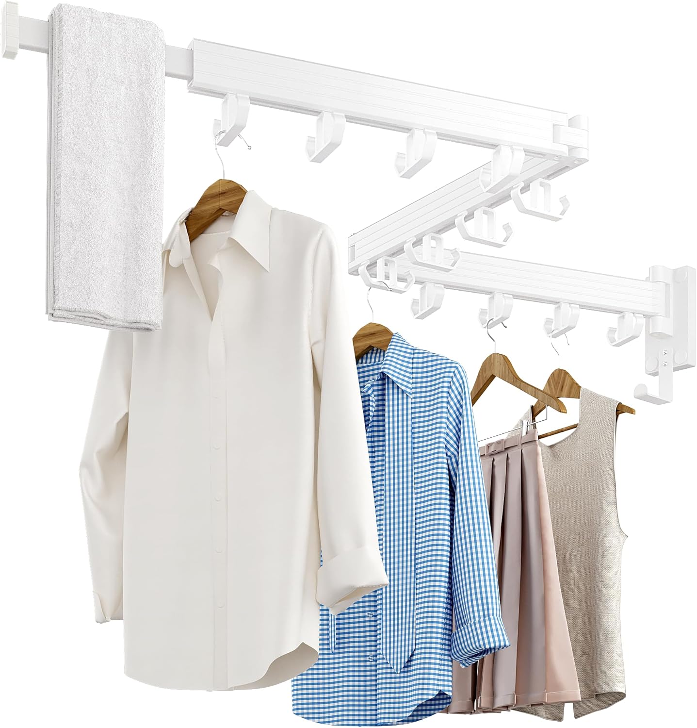 Clothes Drying Rack Wall Mounted, Retractable Drying Racks for Laundry, Foldable Drying Rack With 12 Hooks, Sturdy Tri-Fold Wall Mounted Space Saver for Laundry Room Balcony Bathroom - 49.8", White - NestledHome