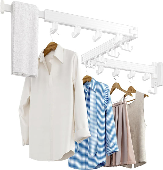 Clothes Drying Rack Wall Mounted, Retractable Drying Racks for Laundry, Foldable Drying Rack With 12 Hooks, Sturdy Tri-Fold Wall Mounted Space Saver for Laundry Room Balcony Bathroom - 49.8", White - NestledHome