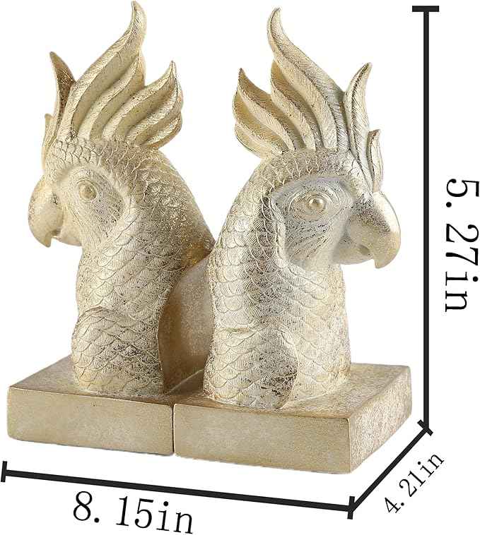 Golden Parrot Decorative Bookends,Set of 2 Cute Bird Animal Sculpture Book Ends to Hold Hevay Duty Books,Unique Resin Statues Book Stopper for Home Office Desk Bookshelf Decor