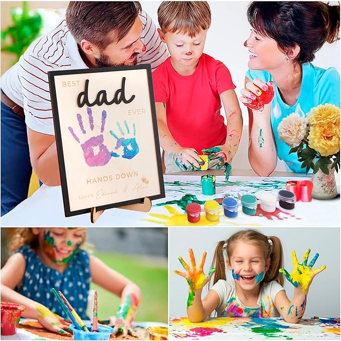 Dad Hand Print Sign Personalized Father Birthday Gifts Wooden Plaque Family Name Best Dad Ever Hands Down Frame Engraved Art Craft Gift For Grandpa Daddy Papa from Daughter Son Wife