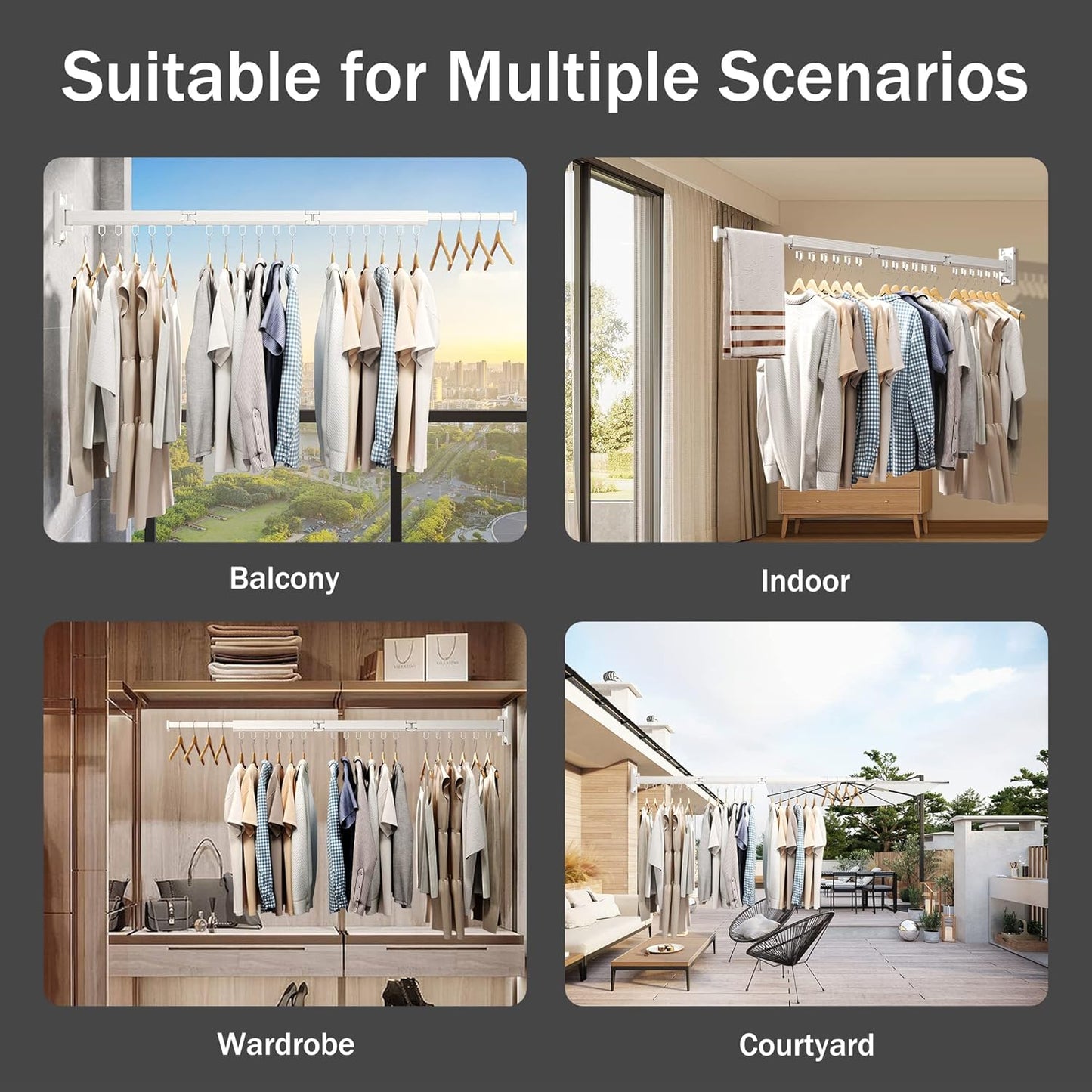 Wall Mounted Clothes Drying Rack, Retractable Laundry Rack for Hanging Clothes, Collapsible, Foldable, White-Rings - NestledHome