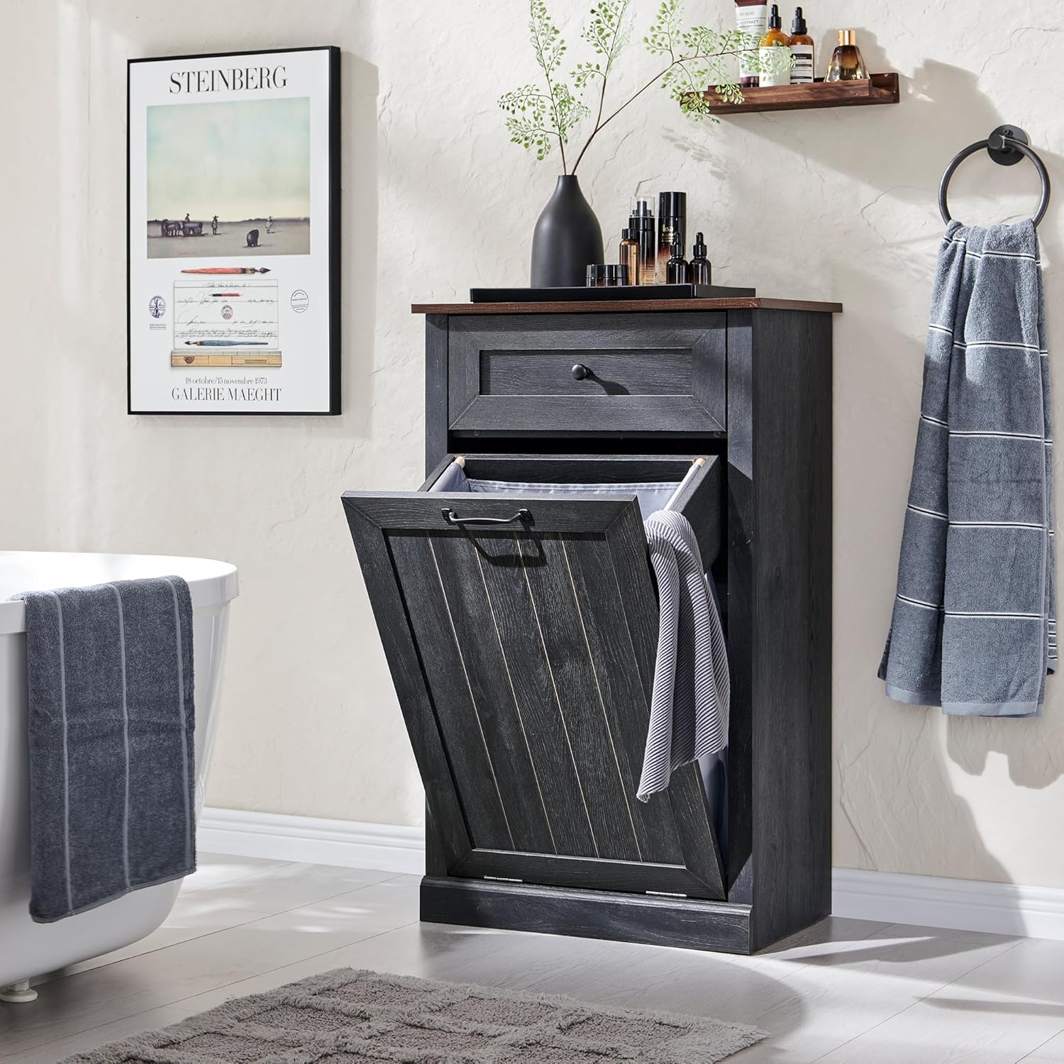 Tilt Out Laundry Hamper Cabinet, 10 Gallon Farmhouse Trash Can Cabinet with Drawer, Hidden Wood Garbage Can Bin Cabinet with Laundry Storage Basket for Bathroom, Kitchen, Dark Grey - NestledHome