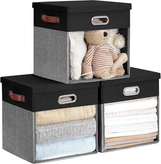 Fabric Storage Cubes with Clear Windows and Lids, 13'' Foldable Storage Bins with 3 Handles, Decorative Storage Boxes for Home, Bedroom, Closet, Office (Black&Gray)