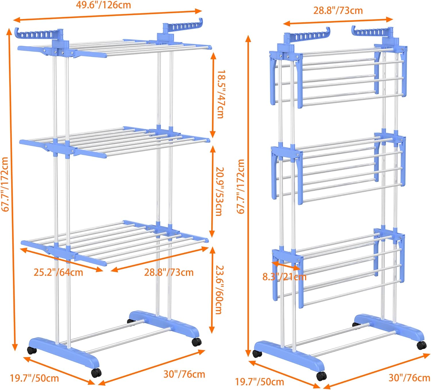 HOMIDEC Clothes Drying Rack, Large 4-Tier Foldable Drying Rack Clothing(67.7H x 19.7W x 30L Inches), Movable Drying Rack with 4 castors. Multifunctional Stainless Steel Laundry Drying Rack, Blue - NestledHome
