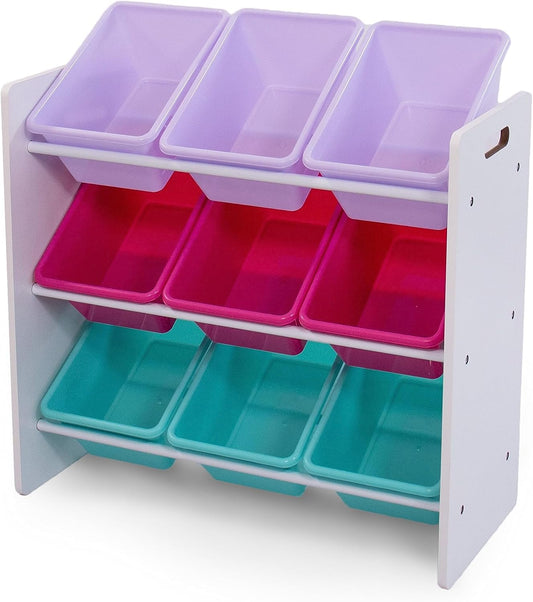Humble Crew 9-Bin Toy Organizer – Forever Natural White/Pink/Purple/Aqua Plastic Bins, 3-Tier Storage Solution for Kids' Playrooms and Nurseries - NestledHome