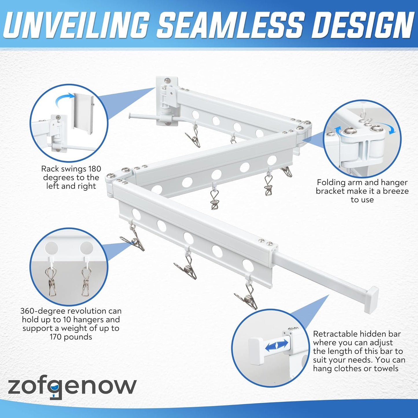 Clothes Drying Rack Wall Mounted, Retractable Space-Saving Foldable Laundry Drying Rack for Indoor & Outdoor Use - Laundry Rooms, Bathroom & Balconies,Includes 10 Clothespins(White) - NestledHome