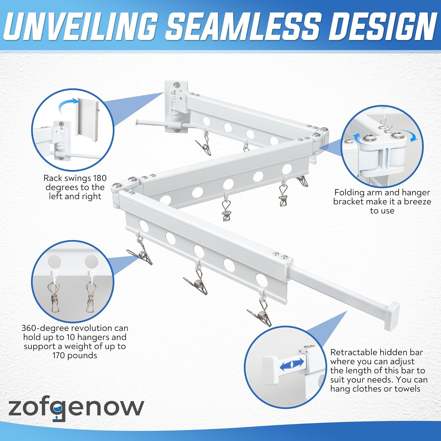 Clothes Drying Rack Wall Mounted, Retractable Space-Saving Foldable Laundry Drying Rack for Indoor & Outdoor Use - Laundry Rooms, Bathroom & Balconies,Includes 10 Clothespins(White) - NestledHome