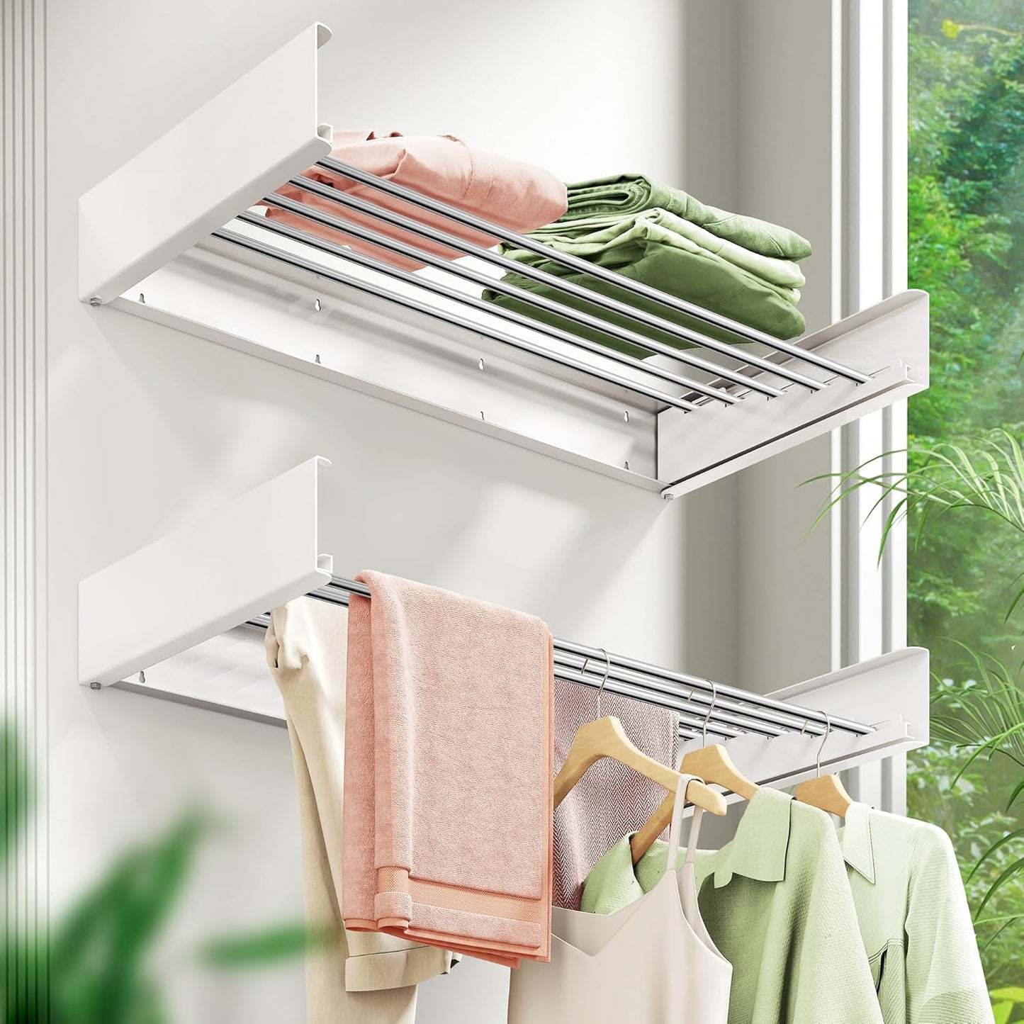 Wall Mounted Clothes Drying Rack 32 inches,Foldbale Laundry Drying Rack Wall Mount,Drying Rack Clothing Space Saver,Retractable,Collapsible,Folding Laundry Rack,White - NestledHome