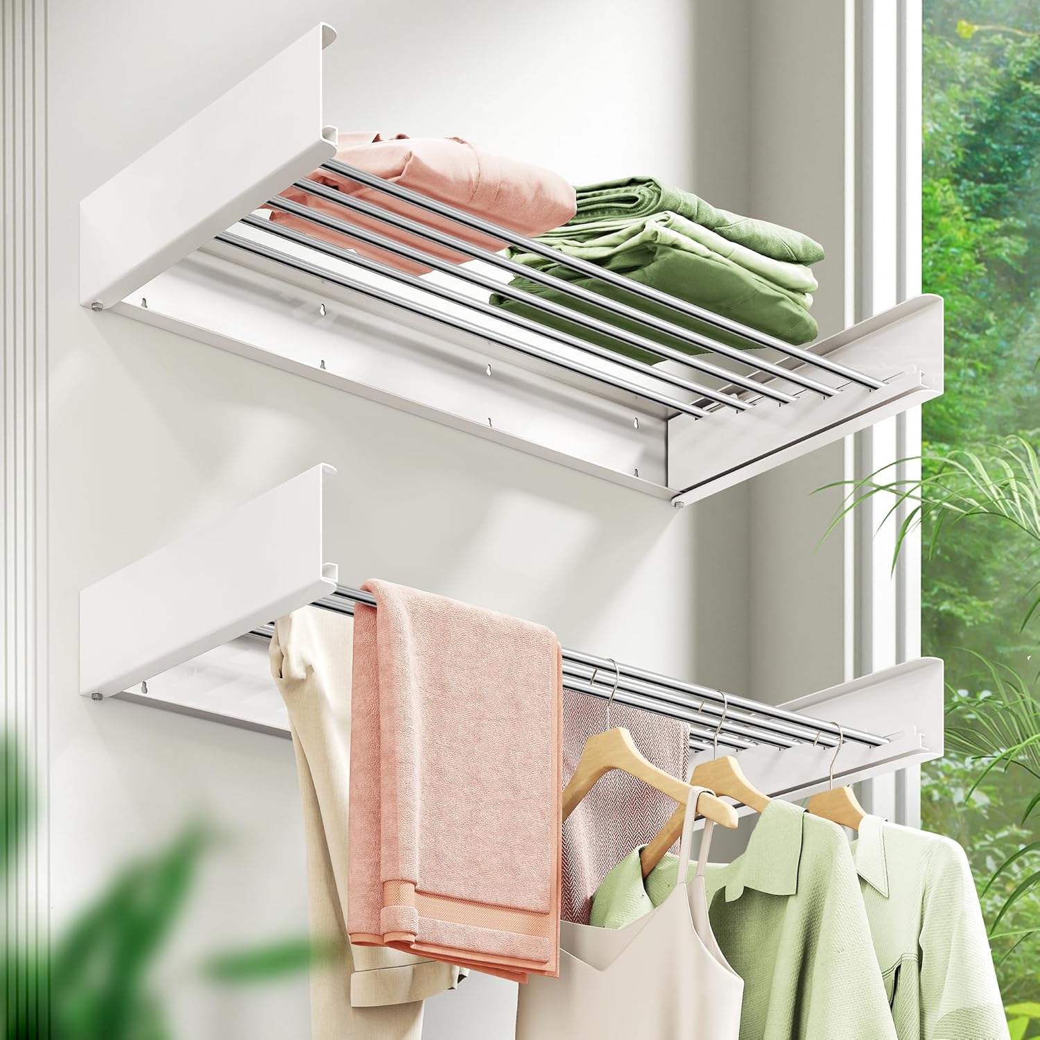 Wall Mounted Clothes Drying Rack 32 inches,Foldbale Laundry Drying Rack Wall Mount,Drying Rack Clothing Space Saver,Retractable,Collapsible,Folding Laundry Rack,White - NestledHome