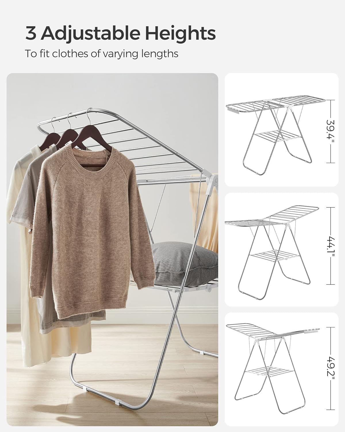 SONGMICS Clothes Drying Rack, with Sock Clips, Metal Laundry Rack, Foldable, Space-Saving, Free-Standing Airer, with 2 Height-Adjustable Gullwings, Indoor Outdoor Use, Silver and White ULLR052W01 - NestledHome