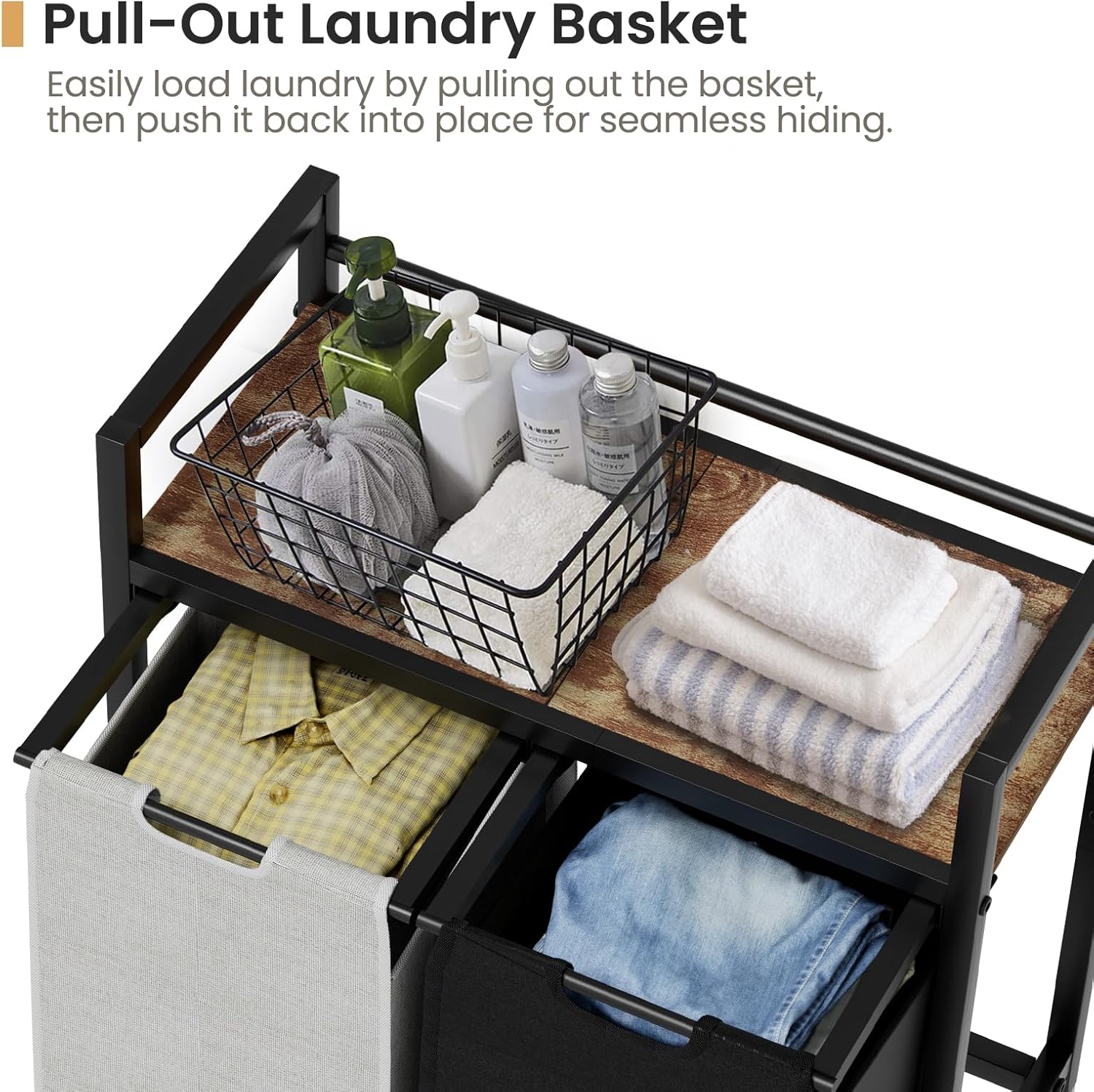 Laundry Hamper, Laundry Basket, Laundry Sorter with 2 Removable Bags, Clothes Basket with 2 Compartments, Wheels, Shelf for Laundry Room Bathroom Bedroom (2 Bags-Black Grey) - NestledHome