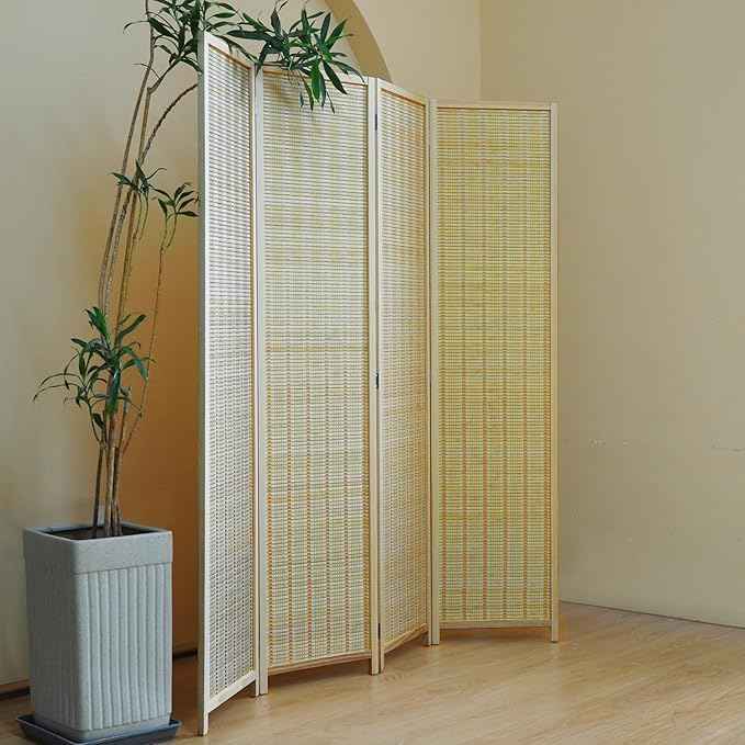 4 Panel Bamboo Room Divider and Folding Panel Screen,Bamboo Panel Divider for Room Separation,Beige,67" H x 61.4" W