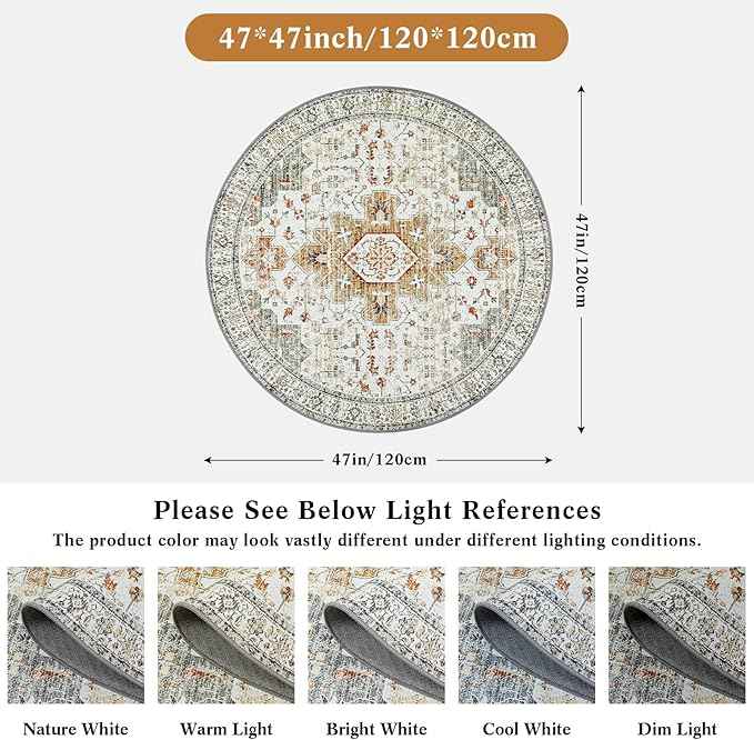 Moynesa Ultra-Thin Washable Round Rug - 4ft Oriental Circle Area Rugs for Bedroom Entryway, Vintage Non Slip Non Shedding Low Pile Carpet for Living Room Coffee Table Kitchen, Beige/Gold