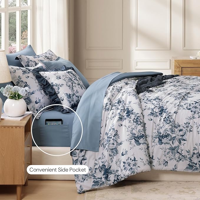 King Comforter Set -7 Pieces Floral Blue Comforter Set for All Seasons, Bed in a Bag King with Botanical Flowers Comforter, Sheets, Pillowcases & Shams
