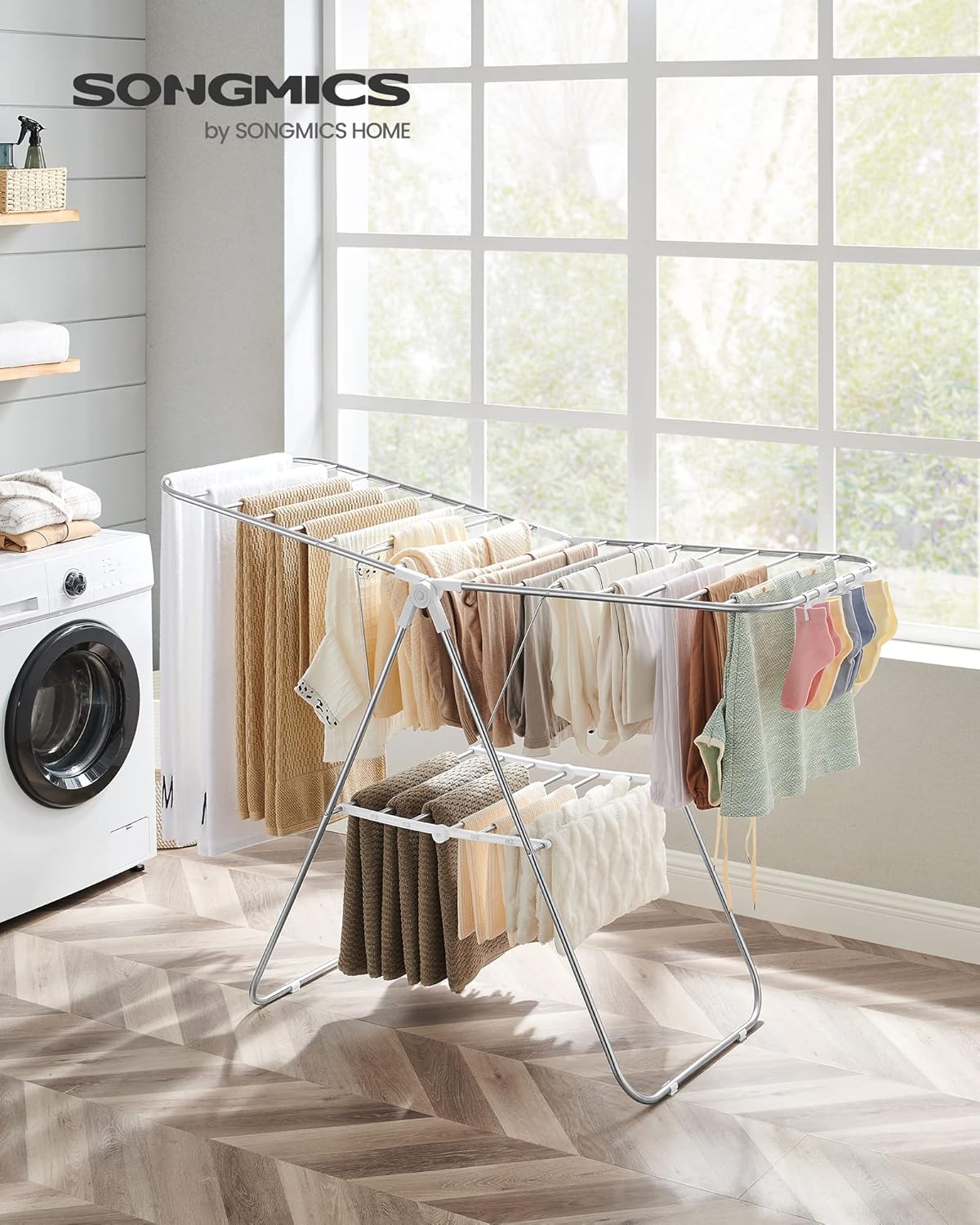 SONGMICS Clothes Drying Rack, with Sock Clips, Metal Laundry Rack, Foldable, Space-Saving, Free-Standing Airer, with 2 Height-Adjustable Gullwings, Indoor Outdoor Use, Silver and White ULLR052W01 - NestledHome