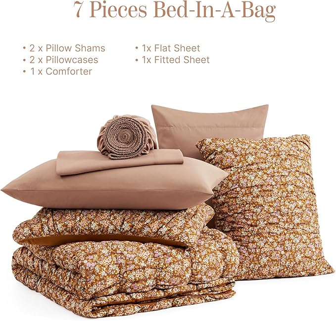 King Comforter Set-7 Pieces Brown Classic Puff Floral Bedding Sets for All Seasons,Shabby Chic Farmhouse Bed in a Bag King with Wildflowers Fluffy Comforter,Sheets, Pillowcases & Shams