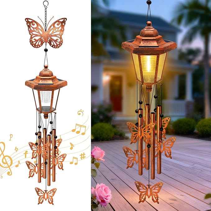 2 Pack Solar Butterfly Wind Chimes, Gifts for Women Mom Grandma Wife Sister Daughter Neighbor, Classic Bronze Wind Chimes With Wind Catcher Solar Decor Light For Outdoor Garden Patio Yard Porch Window