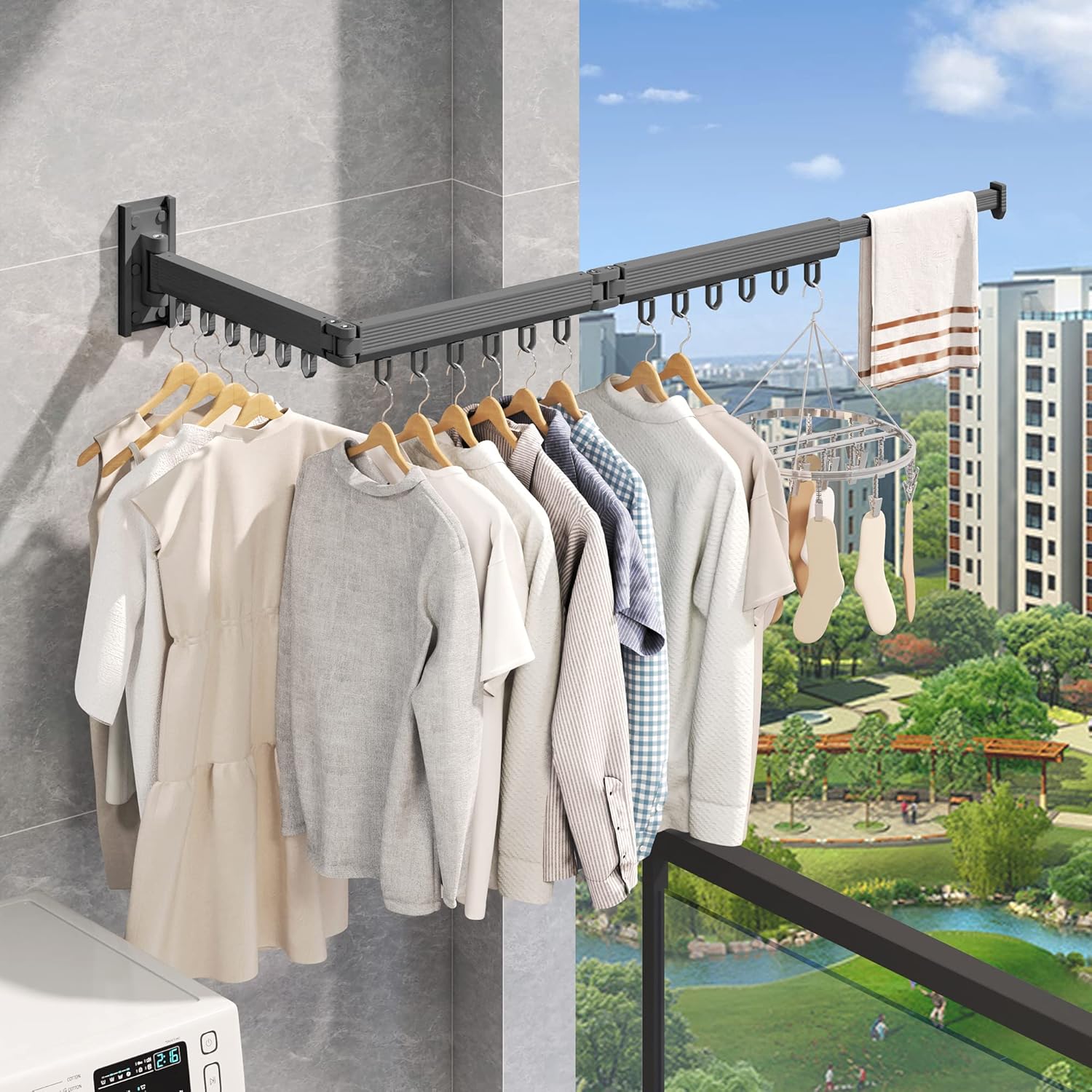 Wall Mounted Clothes Drying Rack - Foldable, Retractable Laundry Hanger with Grey-Rings - NestledHome