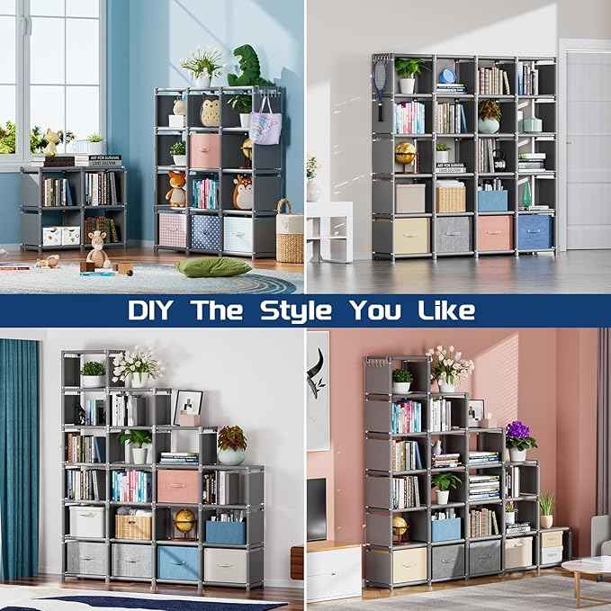 Mavivegue Book Shelf, 20 Cube Storage Organizer, DIY Bookcase, Metal Cube Bookshelf,Tall Book case for Bedroom, Living Room,Office,Closet Storage Organizer, Grey Cubicle Storage Rack
