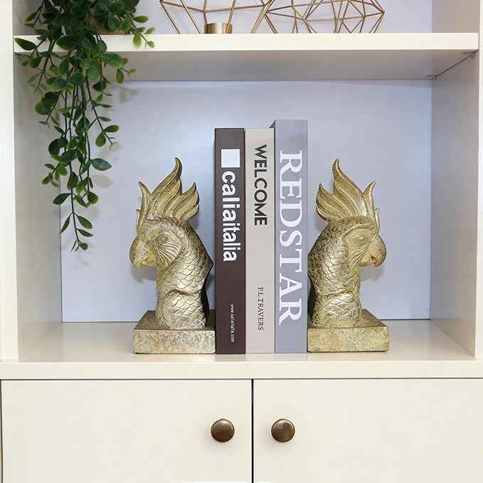 Golden Parrot Decorative Bookends,Set of 2 Cute Bird Animal Sculpture Book Ends to Hold Hevay Duty Books,Unique Resin Statues Book Stopper for Home Office Desk Bookshelf Decor