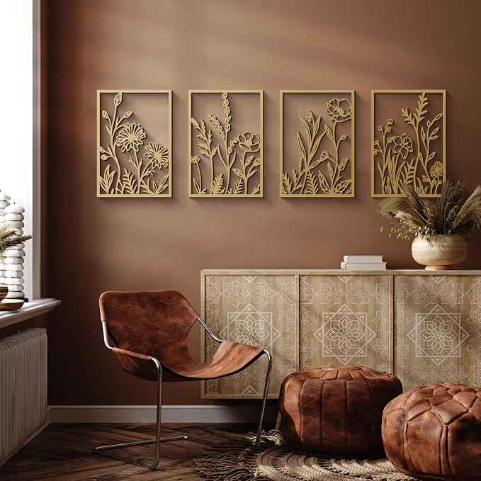 Glamativity 4 Pcs Black Abstract Flowers Metal Wall Art, Minimalist Floral Single Line Wall Décor, 3D Textured Sculptures, Rustic Nature Wall Art Décor for Living Room, Bedroom, Study (L Size 22.5x15.7'')