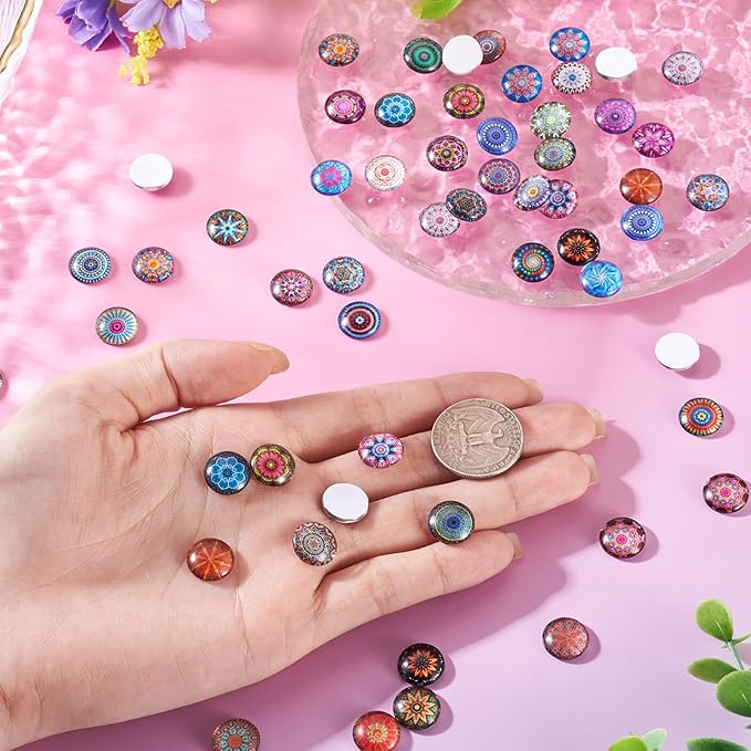 Craftora 100Pcs Flower Printed Glass Cabochons for Jewelry Making, Mixed Color Half Round Cameo Dome Tiles Mosaic Printed Flatback Dome Cabochons for Photo Cameo Pendant Scrapbooking DIY Crafts