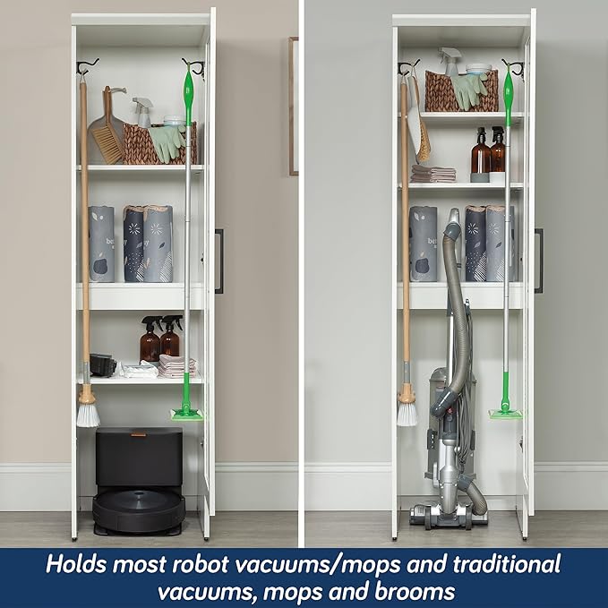 Sauder Homeplus Robot Vacuum Kitchen Pantry Storage Cabinet, Single Door with Adjustable Shelves, in Soft White