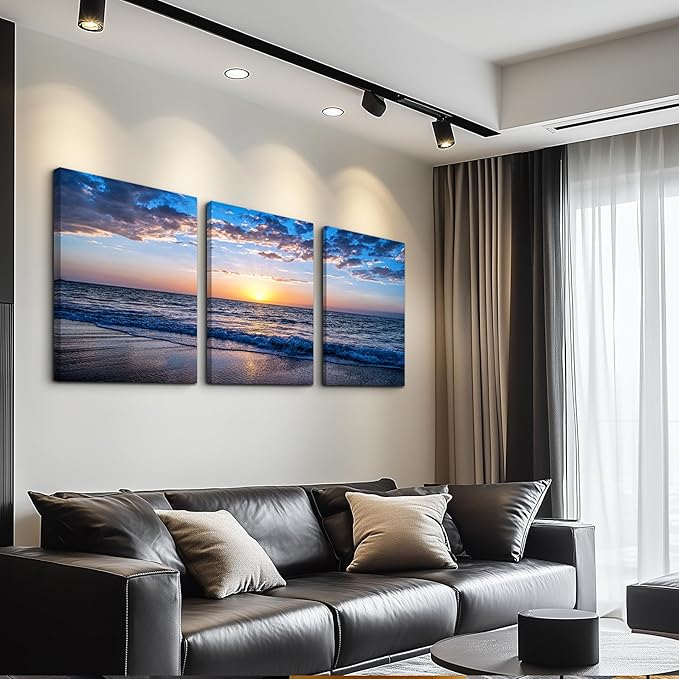 Canvas Wall Art For Living Room Sunrise Blue Sea View Landscape Wall Decor Canvas Prints Artwork Ocean Ready To Hang For Modern Bedroom Bathroom Office Home Decoration 20" X 28" 3 Pieces Framed Panels