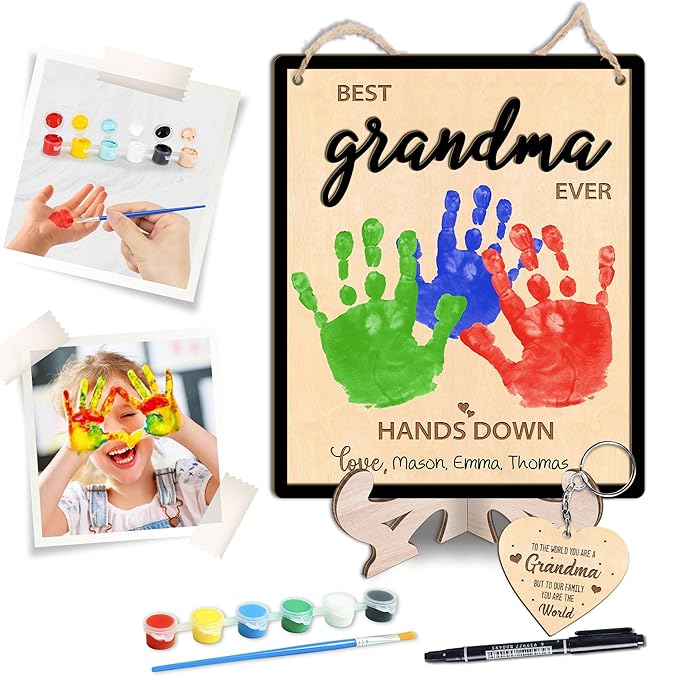 Grandma Handprint Art Sign, DIY Mothers Day Handprint Plaque and Keychain Set, Family Handprints Sign, Birthday Mother's Day Gifts for Grandmother, Keepsake Memory, Best Grandma Ever Hands Down