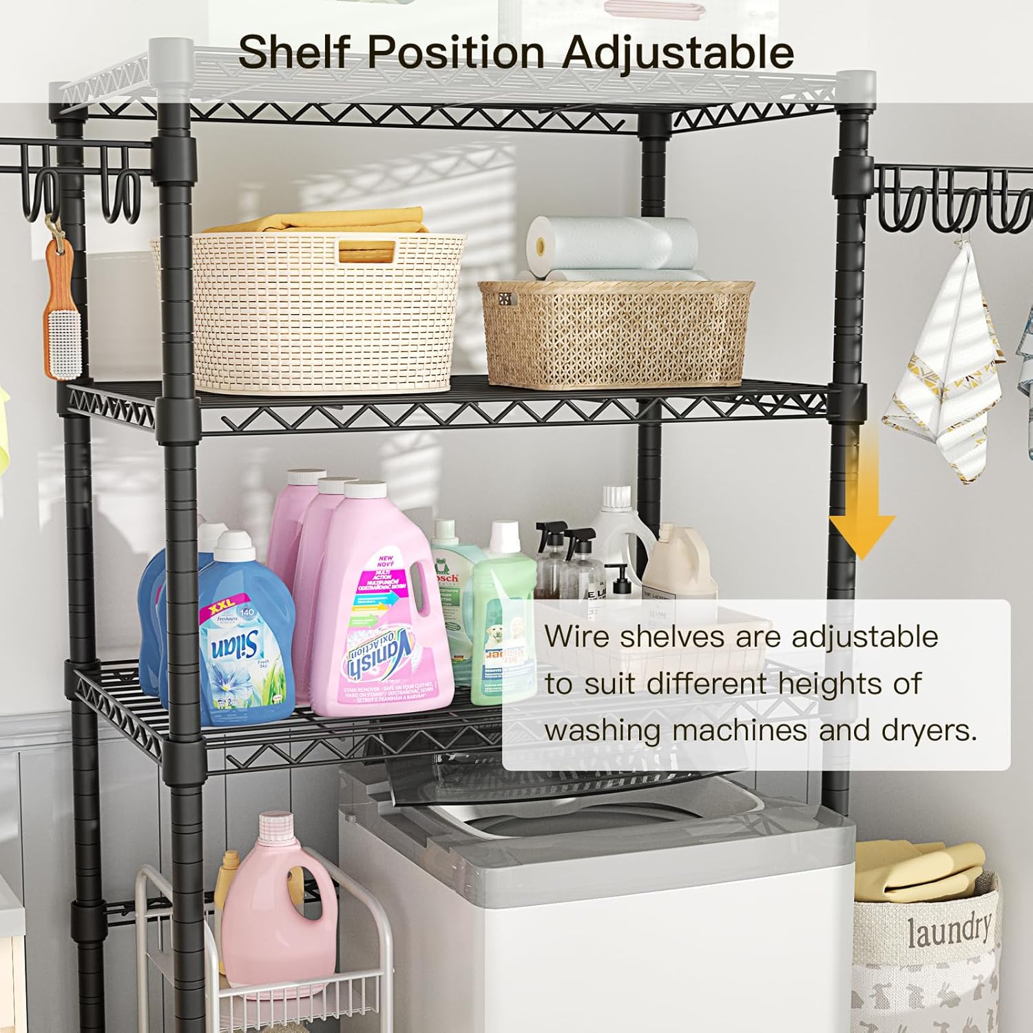Ulif U8 Laundry Room Storage Organizer, Over The Washer and Dryer Storage Shelves for Laundry Organization, 35" W x 17.3" D x 76.2" H, Suit Washing Machine Width Within 32.6", Hold 304 lb, Black - NestledHome