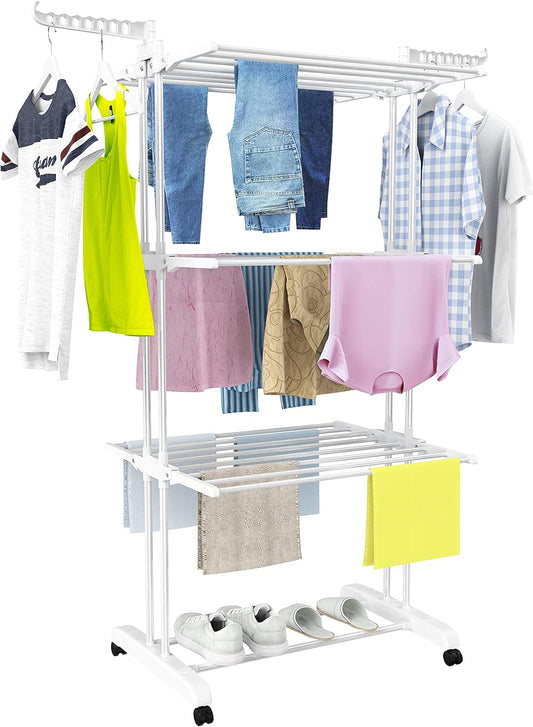 HOMIDEC Clothes Drying Rack, Large 4-Tier Foldable Drying Rack Clothing(67.7H x 19.7W x 30L Inches), Movable Drying Rack with 4 castors. Multifunctional Stainless Steel Laundry Drying Rack, White - NestledHome