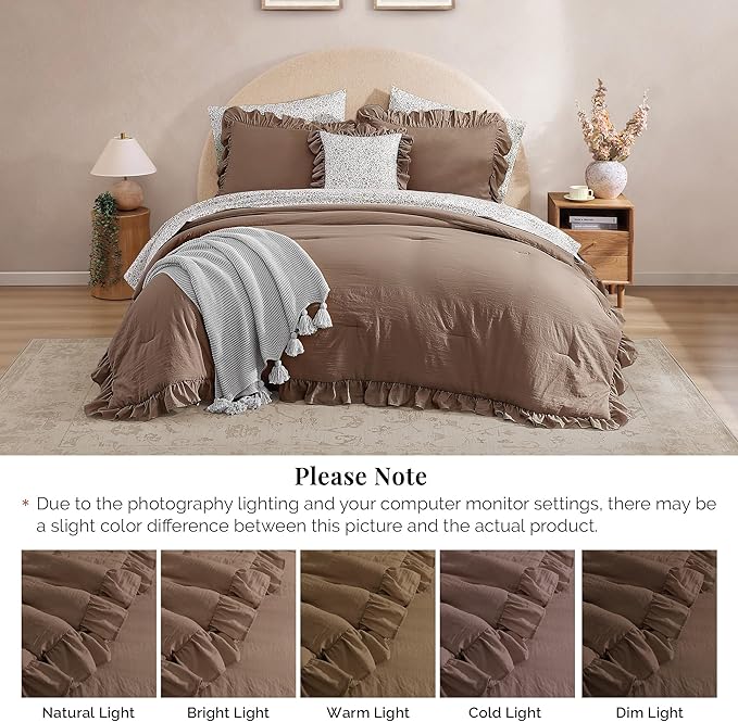 King Comforter Set - 7 Pieces Ruffle Amber Brown Bedding Sets, Shabby Chic Farmhouse Bed in a Bag with Ruffle Comforter, Floral Sheets, Pillowcases & Shams