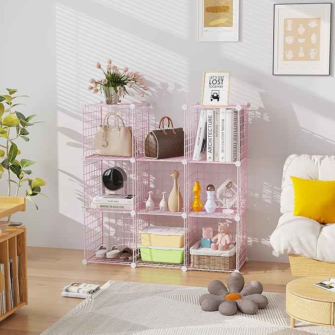 C&AHOME Wire Cube Storage, 9 - Cube Organizer Metal C Grids, Modular Shelves Units, Closet Organizer, Ideal for Home, Office, Living Room, 36.6”L x 12.4”W x 48.4”H, Pink UWCS3009P