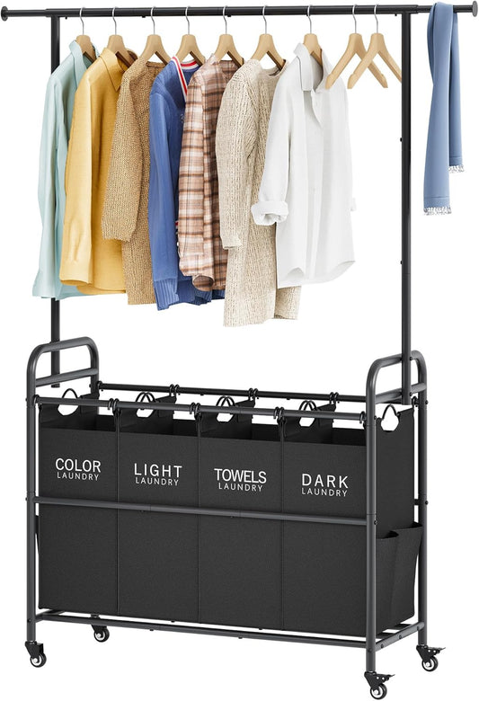 Tajsoon Laundry Sorter Cart with Hanging Clothes Rack, 4 Butler Sorter Basket Organizer, Laundry Hamper Cart with Heavy Duty Rolling Lockable Wheels, Black - NestledHome