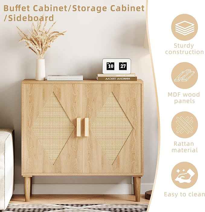 GarveeHome Buffet Cabinet with Storage, Storage Cabinet with 2 Rattan Decorated, Sideboard Cabinets, Accent Cabinets for Living Room, Dining Room, Entryway, Natural