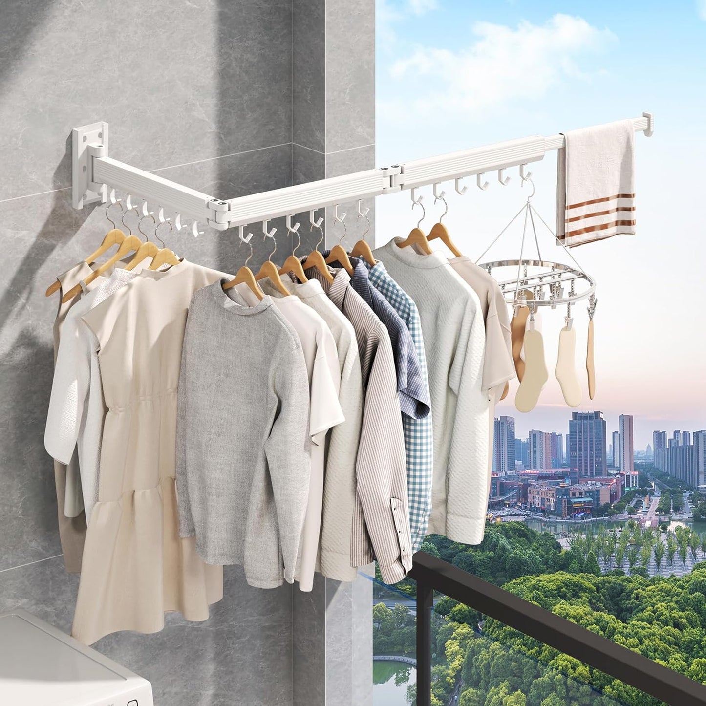 Laundry Rack Wall Mounted,Clothes Drying Rack,Drying Rack Clothing,Clothes Rack,Laundry Hanger Rack,Laundry Drying Rack,Drying Rack Wall Mounted,Retractable ,Collapsible,White Color（J-type Hooks） - NestledHome