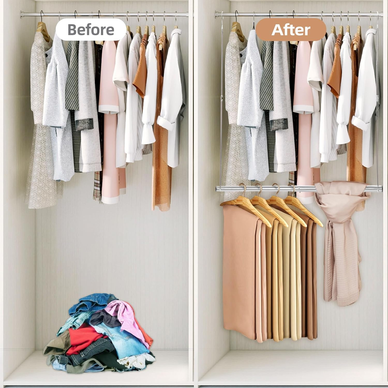 STORAGE MANIAC Hanging Closet Rod, Adjustable Width and Height Closet Hanging Organizer, Space-Saving Clothes Hanging Bar, Closet Extender Hanging Rod Double Closet Hanging Rod, 2 Pack Chrome - NestledHome
