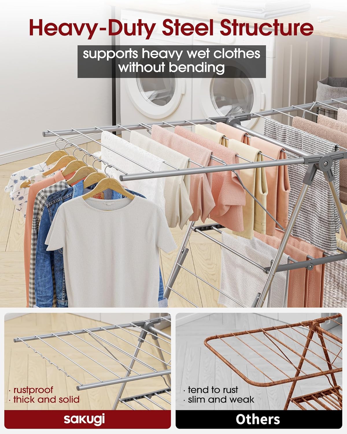 Clothes Drying Rack - Foldable Laundry Drying Rack for Clothing & Bedding, Easy-to-Assemble, Space-Saving Metal Airer with Non-Slip Feet, Indoor & Outdoor Use, 55.5"×22.8"×36.6", Gray - NestledHome