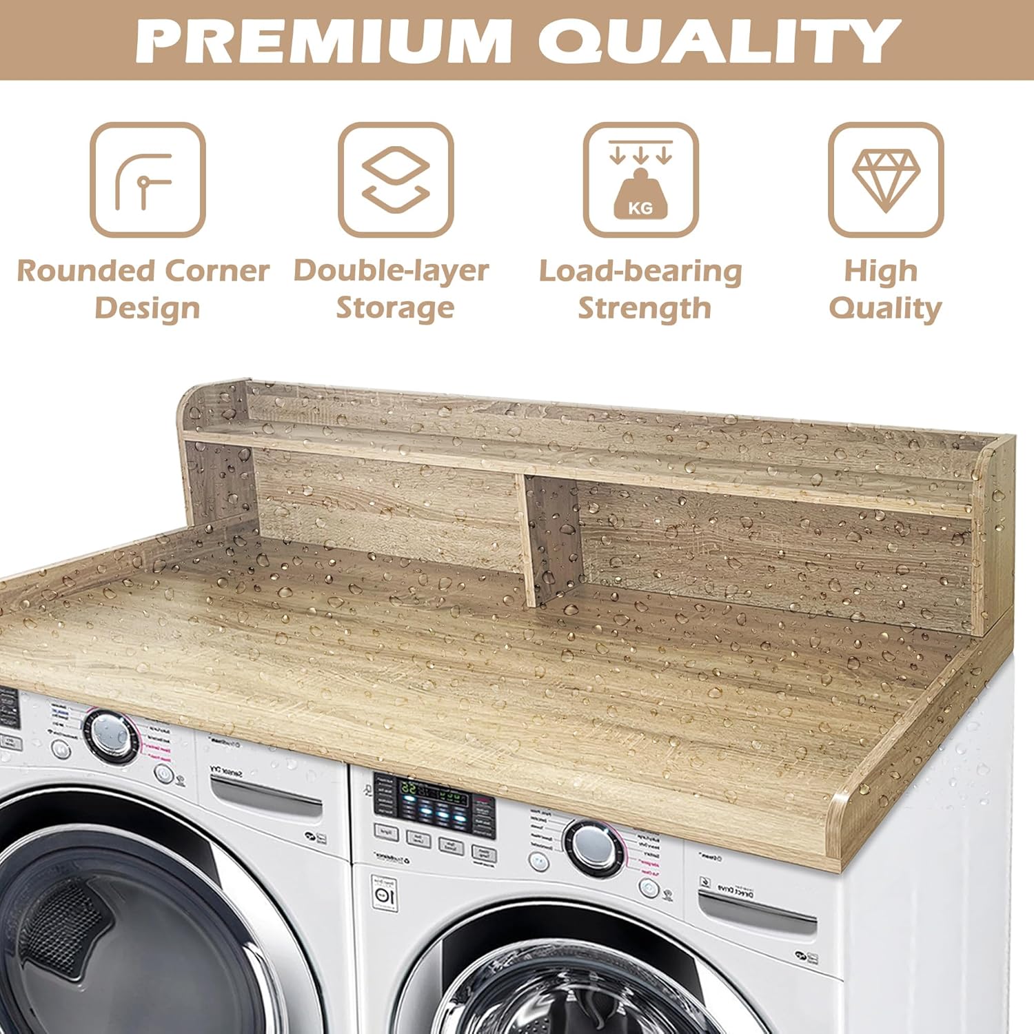 Royxen Laundry Countertop with 2-Tier Shelf Universal Fit, Washer and Dryer Countertop with Storage Space, Shelf Height 11.5 Inches, White Oak - NestledHome