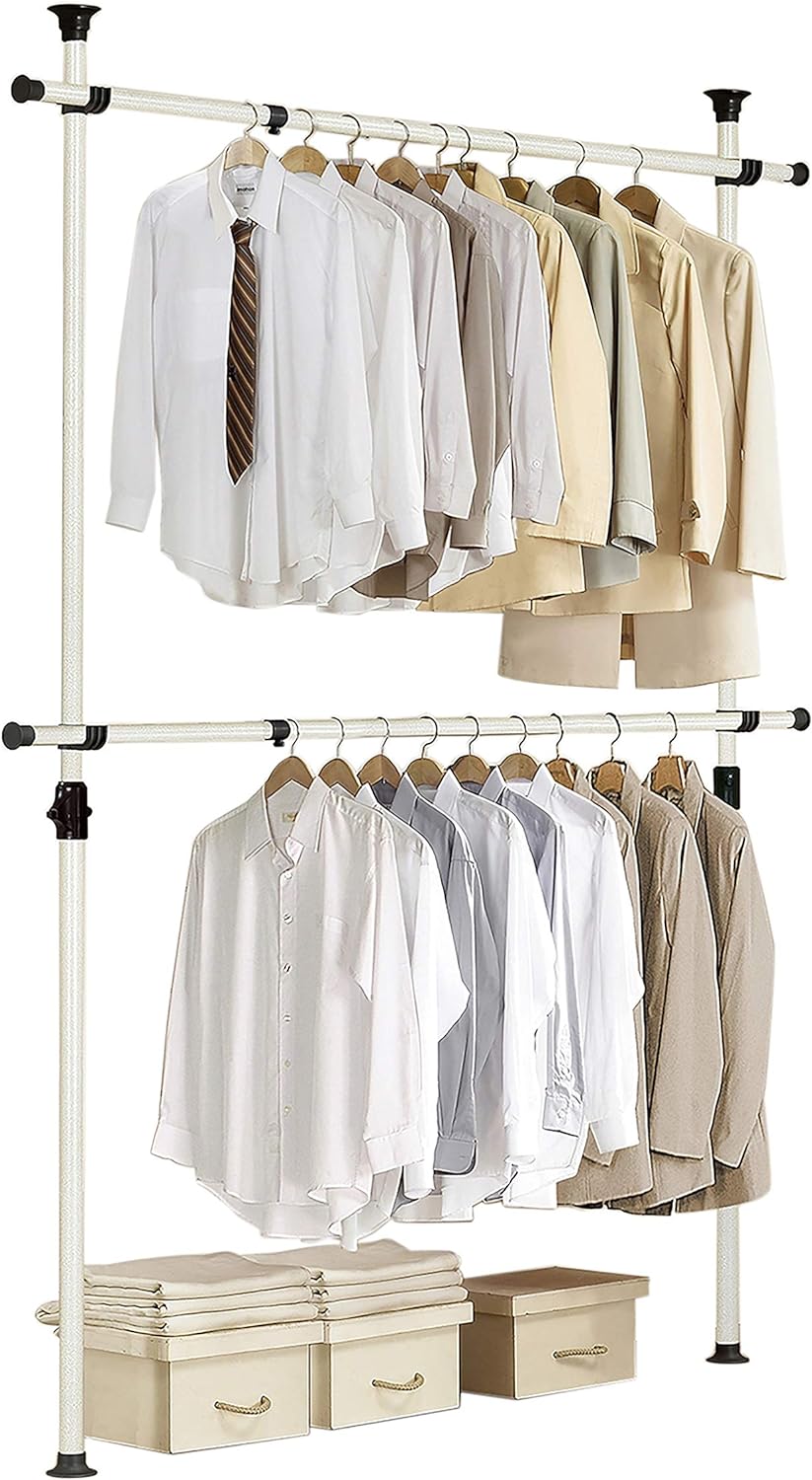 PRINCE HANGER Rack Heavy Duty One Touch System Load 352LBS Clothing Racks for Hanging Clothes Metal Closet Garment Closet system Tension Rod Free Standing Ivory Width Adjustable PHUS-0023 - NestledHome