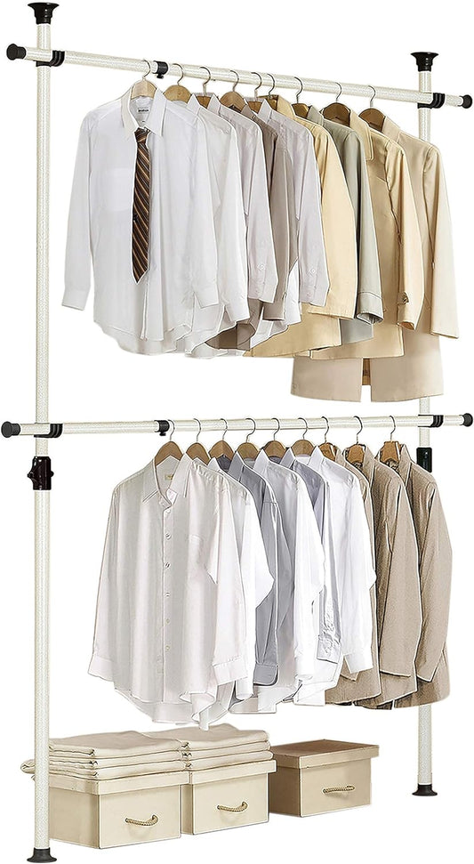 PRINCE HANGER Rack Heavy Duty One Touch System Load 352LBS Clothing Racks for Hanging Clothes Metal Closet Garment Closet system Tension Rod Free Standing Ivory Width Adjustable PHUS-0023 - NestledHome