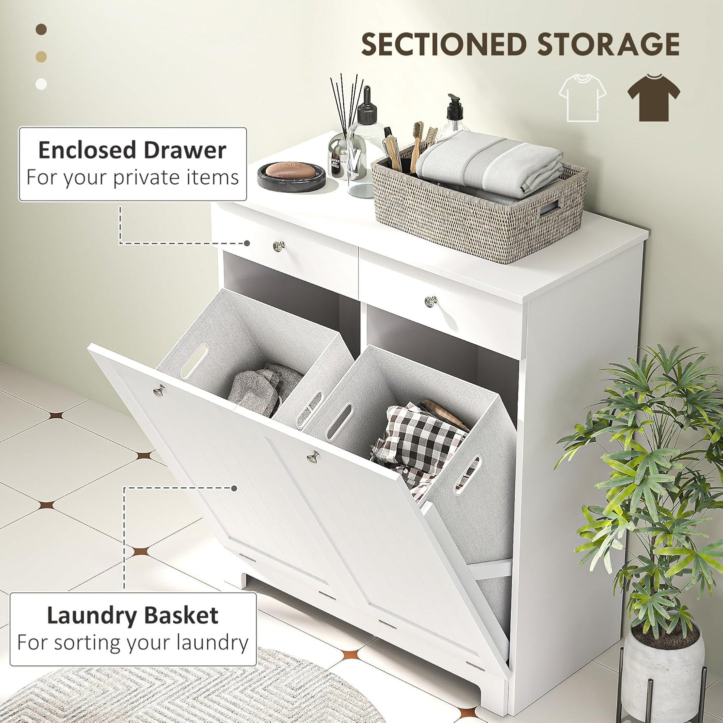 HOMCOM Laundry Hamper Cabinet with 2 Removable Baskets, Tilt Out Laundry Hamper Cabinet with 2 Drawers and 2 Beadboard Doors, Laundry Cabinet Bathroom Storage Cabinet, White - NestledHome